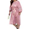image:imageCHARTOU Women Summer Puff Sleeve Long Dress Loose Lace Trim Button Down Shirt Dress with BeltPink