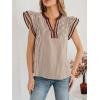image:imageCHARTOU Women Summer Stripes Shirt Casual Loose V Neck Flutter Short Sleeve Blouse Color Block Tunic TopBrown