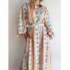 image:imageCHARTOU Womens Button Down Linen Maxi Shirt Dress Long Sleeve Tropical Floral Print Flowy Dresses with BeltOrange
