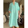 image:imageCHARTOU Womens Cotton Linen Shift Tunic Dress Long Sleeve Casual Loose V Neck Shirt Midi Dress with PocketsGreen