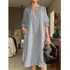 image:imageCHARTOU Womens Cotton Linen Shift Tunic Dress Long Sleeve Casual Loose V Neck Shirt Midi Dress with PocketsGrey