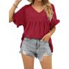 image:imageCHARTOU Womens Dressy V Neck Ruffle Babydoll Shirt Blouse Tops Flounce Tunic T ShirtWine Red