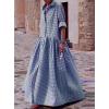 image:imageCHARTOU Womens Gingham Maxi Dress  Plaid Roll Up Long Sleeve Button Down Shirt Ruffle Swing Long Flowy Summer DressBlue