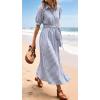 image:imageCHARTOU Womens Striped Shirt Dress Summer Casual Puff Short Sleeve Button Down Midi Dresses with BeltBlue