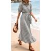 image:imageCHARTOU Womens Striped Shirt Dress Summer Casual Puff Short Sleeve Button Down Midi Dresses with BeltGrey