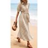 image:imageCHARTOU Womens Striped Shirt Dress Summer Casual Puff Short Sleeve Button Down Midi Dresses with BeltKhaki