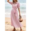 image:imageCHARTOU Womens Striped Shirt Dress Summer Casual Puff Short Sleeve Button Down Midi Dresses with BeltPink