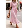 image:imageCHARTOU Womens Striped Shirt Dress Summer Casual Puff Short Sleeve Button Down Midi Dresses with BeltPink