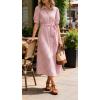 image:imageCHARTOU Womens Striped Shirt Dress Summer Casual Puff Short Sleeve Button Down Midi Dresses with BeltPink