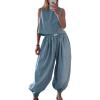 image:imageCHARTOU 2 Piece Vacation Outfits for Women Summer Tank Top Linen Baggy Balloon Wide Leg Pants Matching SetsBlue