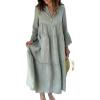 image:imageCHARTOU Women Casual Cotton Linen Shirt Dress Summer Oversized Tunic 34 Sleeve Flare Tiered Maxi DressGrayish Green