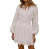 image:imageCHARTOU Women Eyelet Lace Shirt Dress Long Puff Sleeve Summer Smocked Elegant Party Mini DressWhite