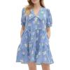 image:imageCHARTOU Women Floral Striped Mini Dress Puff Sleeve Button Down Tiered Babydoll Shirt Dress with PocketsBlue