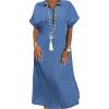 image:imageCHARTOU Women Loose Denim Maxi Dress Short Sleeve Zip Up Long Jean Dress Denim T Shirt Blouse Shift Dress Jumper 2024Blue