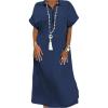 image:imageCHARTOU Women Loose Denim Maxi Dress Short Sleeve Zip Up Long Jean Dress Denim T Shirt Blouse Shift Dress Jumper 2024Dark Blue