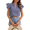 image:imageCHARTOU Women Plaid Summer Top Casual Loose Ruffle V Neck Flutter Sleeve Gingham Tunic Pullover ShirtNavy
