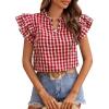 image:imageCHARTOU Women Plaid Summer Top Casual Loose Ruffle V Neck Flutter Sleeve Gingham Tunic Pullover ShirtRed