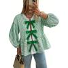 image:imageCHARTOU Women Stripe Tie Front Tops Babydoll Peplum Shirt Puff Long Sleeve Going Out Bow BlouseGreen