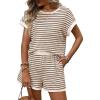 image:imageCHARTOU Women Striped Two Pieces Sets Summer Crewneck Short Sleeve Tee Shirt Elastic High Waisted Shorts Lounge SetsKhaki