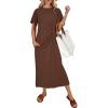 image:imageCHARTOU Women Summer Maxi Tshirt Dress Crew Neck Cinched Waist Loose Beach Vacation Shirt Dress with PocketsBrown