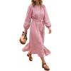 image:imageCHARTOU Women Summer Puff Sleeve Long Dress Loose Lace Trim Button Down Shirt Dress with BeltPink