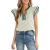 image:imageCHARTOU Women Summer Stripes Shirt Casual Loose V Neck Flutter Short Sleeve Blouse Color Block Tunic TopGreen