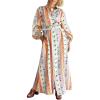 image:imageCHARTOU Womens Button Down Linen Maxi Shirt Dress Long Sleeve Tropical Floral Print Flowy Dresses with BeltOrange