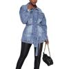image:imageCHARTOU Womens Chic Lapel Collar Belted Button Down Washed Midi Denim Jacket TopsBlue