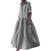 image:imageCHARTOU Womens Gingham Maxi Dress  Plaid Roll Up Long Sleeve Button Down Shirt Ruffle Swing Long Flowy Summer DressBlack