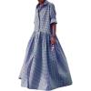 image:imageCHARTOU Womens Gingham Maxi Dress  Plaid Roll Up Long Sleeve Button Down Shirt Ruffle Swing Long Flowy Summer DressBlue