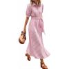 image:imageCHARTOU Womens Striped Shirt Dress Summer Casual Puff Short Sleeve Button Down Midi Dresses with BeltPink