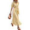 image:imageCHARTOU Womens Striped Shirt Dress Summer Casual Puff Short Sleeve Button Down Midi Dresses with BeltYellow