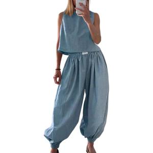 image:imageCHARTOU 2 Piece Vacation Outfits for Women Summer Tank Top Linen Baggy Balloon Wide Leg Pants Matching SetsBlue