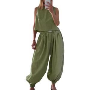 image:imageCHARTOU 2 Piece Vacation Outfits for Women Summer Tank Top Linen Baggy Balloon Wide Leg Pants Matching SetsGreen