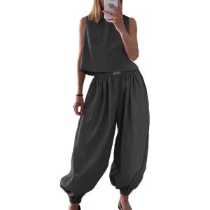 image:imageCHARTOU 2 Piece Vacation Outfits for Women Summer Tank Top Linen Baggy Balloon Wide Leg Pants Matching SetsGrey