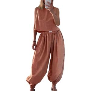 image:imageCHARTOU 2 Piece Vacation Outfits for Women Summer Tank Top Linen Baggy Balloon Wide Leg Pants Matching SetsOrange