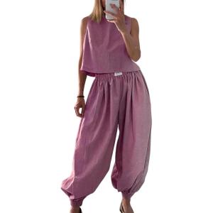 image:imageCHARTOU 2 Piece Vacation Outfits for Women Summer Tank Top Linen Baggy Balloon Wide Leg Pants Matching SetsPink