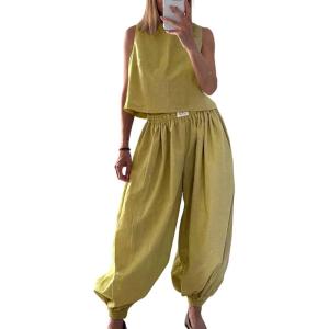image:imageCHARTOU 2 Piece Vacation Outfits for Women Summer Tank Top Linen Baggy Balloon Wide Leg Pants Matching SetsYellow