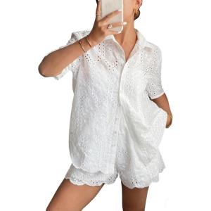 image:imageCHARTOU Eyelet Two Piece Short Sets for Women Button Down Shirt with Lace Embroidered Shorts Summer OutfitWhite