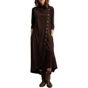 image:imageCHARTOU Maxi Dresses for Women 2025 Long Sleeve T Shirt Dress Long Flowy Turtle High Neck Dress with PocketsBrown