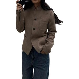 image:imageCHARTOU Short Winter Wool Coats for Women Slim Fit Button Down Pea Coat Blazer Wool JacketMocha