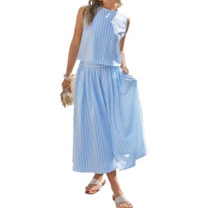 image:imageCHARTOU Summer Skirt Sets Women 2 Piece Outfits Striped Crop Tank Top Midi Dress Travel Matching Set VacationBlue