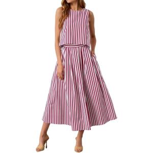 image:imageCHARTOU Summer Skirt Sets Women 2 Piece Outfits Striped Crop Tank Top Midi Dress Travel Matching Set VacationCherry Red