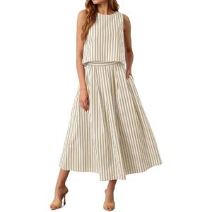 image:imageCHARTOU Summer Skirt Sets Women 2 Piece Outfits Striped Crop Tank Top Midi Dress Travel Matching Set VacationKhaki