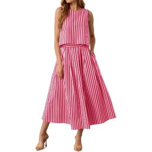 image:imageCHARTOU Summer Skirt Sets Women 2 Piece Outfits Striped Crop Tank Top Midi Dress Travel Matching Set VacationPink