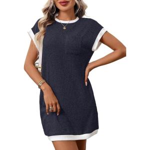 image:imageCHARTOU Summer T Shirt Dress for Women Color Block Casual Short Sleeve Tunic Short SundressNavy