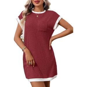 image:imageCHARTOU Summer T Shirt Dress for Women Color Block Casual Short Sleeve Tunic Short SundressWine