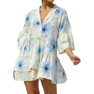 image:imageCHARTOU Women Boho Floral 34 Sleeve Babydoll Mini Dress Summer Ruffle Layer Cotton Linen Loose Shirt DressBlue