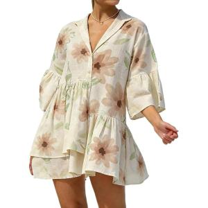image:imageCHARTOU Women Boho Floral 34 Sleeve Babydoll Mini Dress Summer Ruffle Layer Cotton Linen Loose Shirt DressBrown