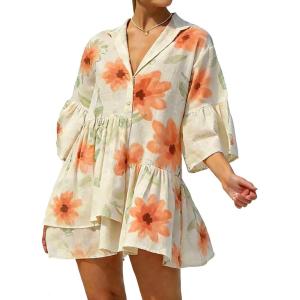 image:imageCHARTOU Women Boho Floral 34 Sleeve Babydoll Mini Dress Summer Ruffle Layer Cotton Linen Loose Shirt DressOrange